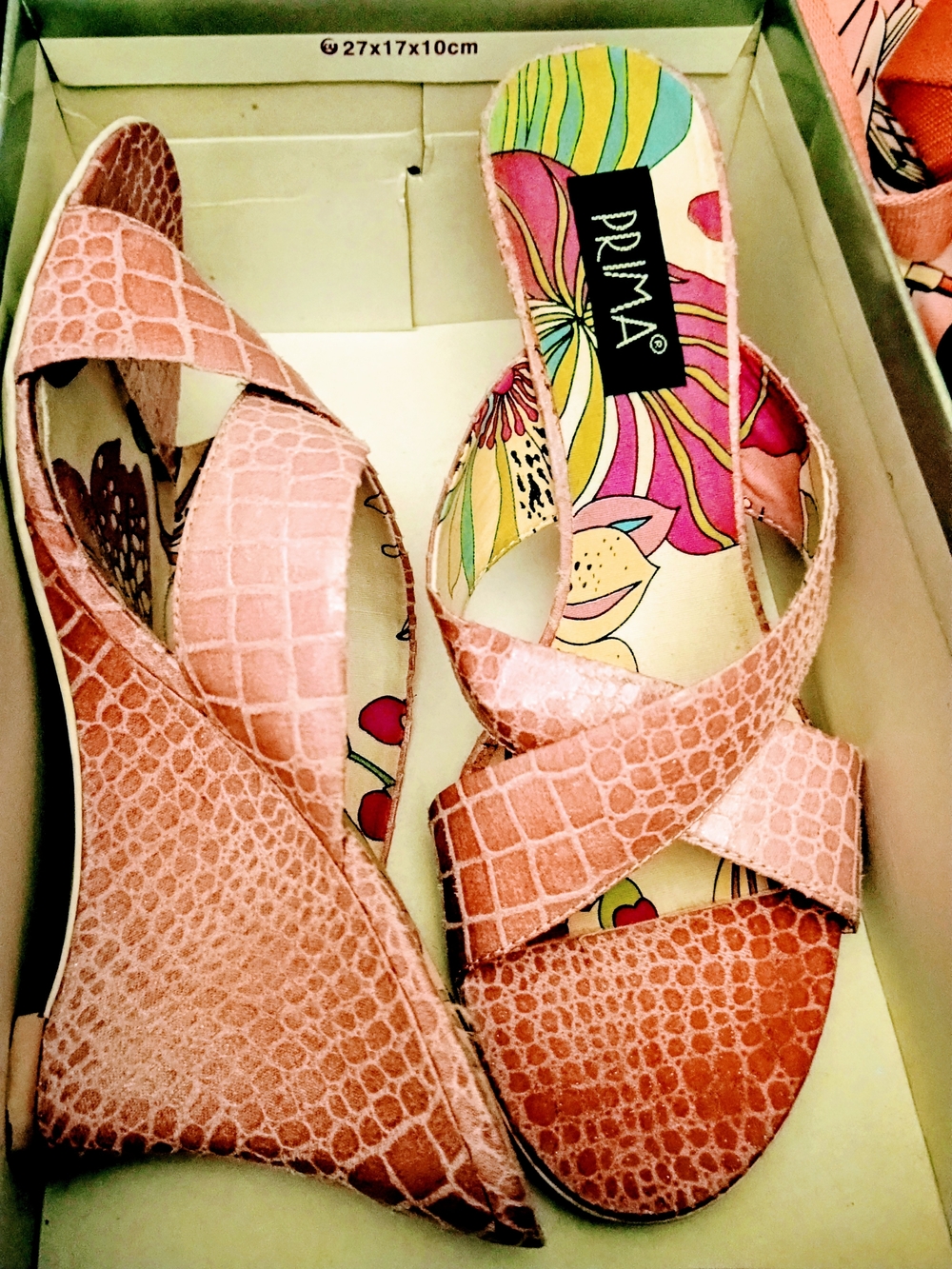 Prima Donna Pink Croc-Texture Wedge Sandals with Floral Insole